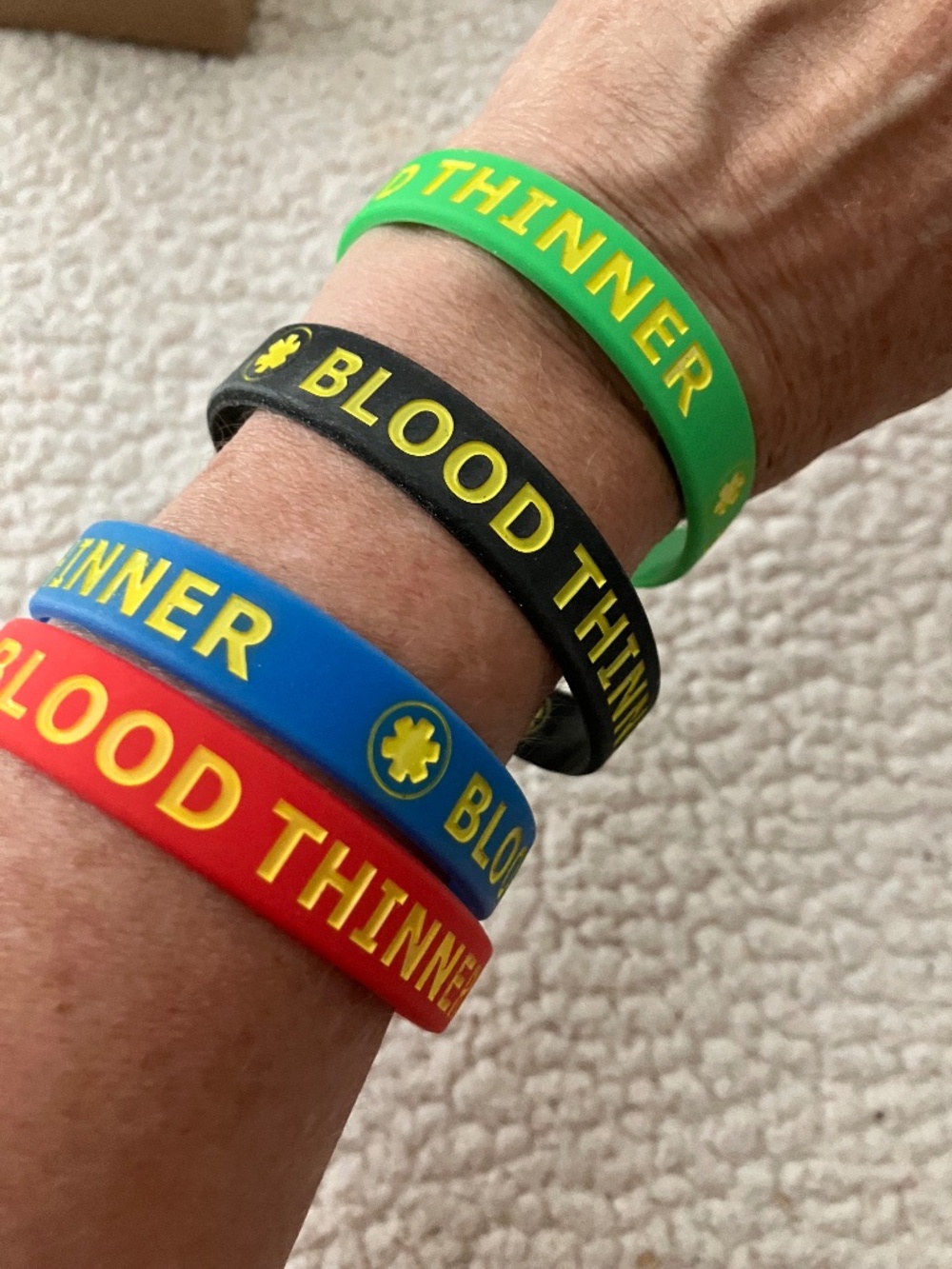 NEW Box of 4 Medical Alert ID Blood Thinner Silicone Reversible Bracelets